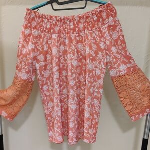 By Design Off-Shoulder Floral Crochet Sleeve Top in Coral Size M